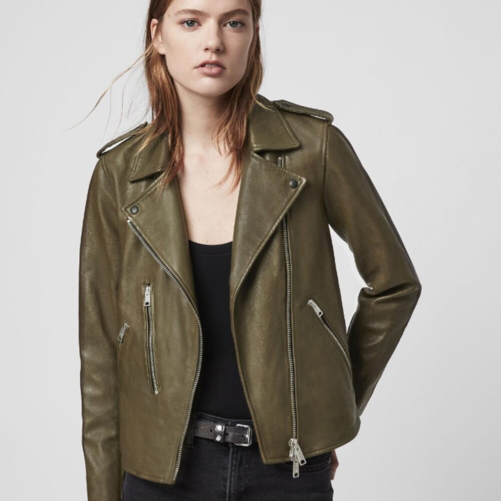 All Saints Elva Lambskin Leather Biker Jacket Size US 4, UK 8